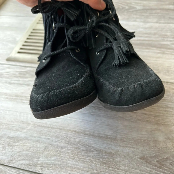 Minnetonka Black  Lace-Up Fringe Wedge Booties - Picture 5 of 12